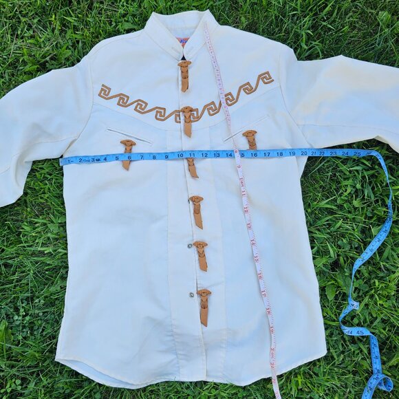 True Vintage 1970's Western  Leather Trimmed Cowboy Rodeo Button Down Shirt - Picture 7 of 8